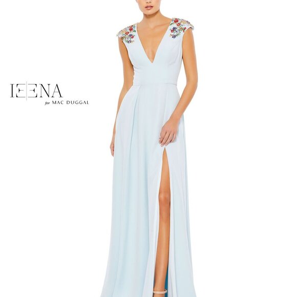 NEW Mac Duggal Beaded Cap Sleeve V Neck A Line Gown Blue Maxi Dress 26540 - Picture 6 of 7